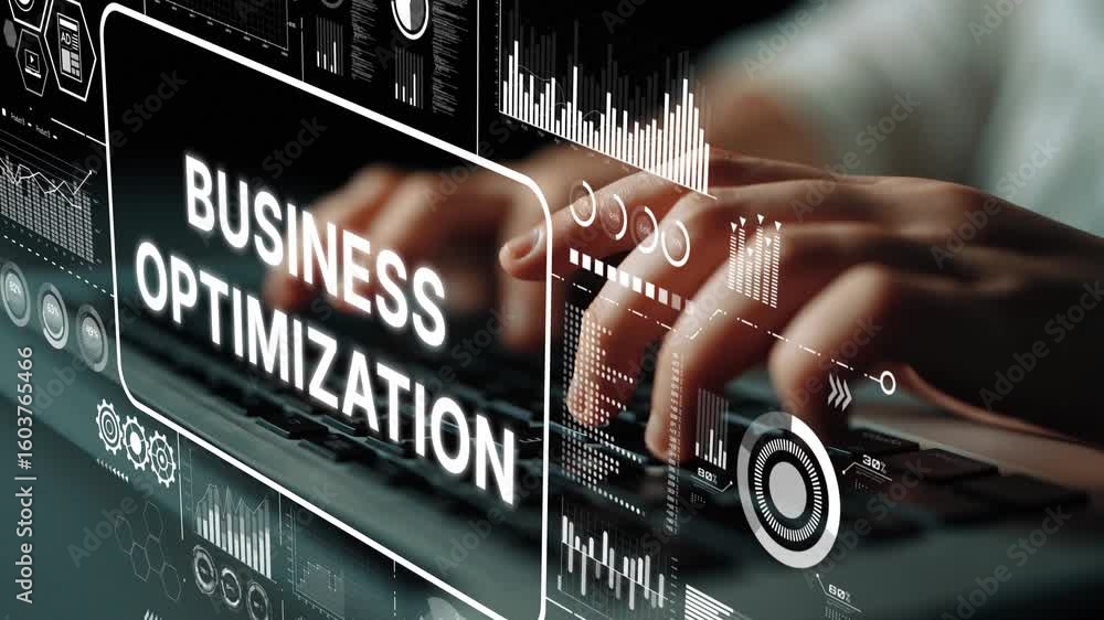 Poster hands typing on keyboard with business optimization concept overlaid on digital interface for market