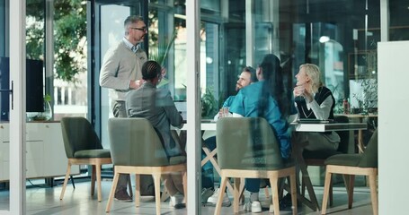 Healthcare, CEO and medical team in meeting for feedback, planning and tablet in glass office. Hospital, director and man with tech for funding allocation, requirement proposal and discussion - Powered by Adobe