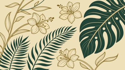Botanical floral pattern design with tropical leaves and flowers for summer background and wallpaper use