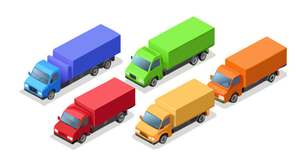 Isometric delivery trucks transportation logistics freight service cargo vehicle shipping distribution fleet transport