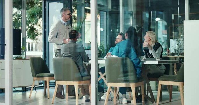 Healthcare, CEO and medical team in meeting for feedback, planning and tablet in glass office. Hospital, director and man with tech for funding allocation, requirement proposal and discussion