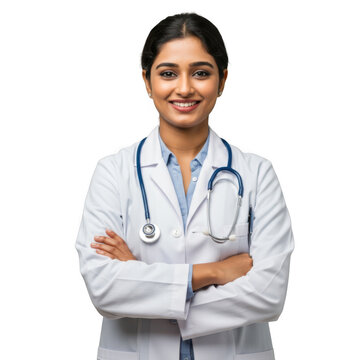 Smiling young woman doctor wearing white lab coat and stethoscope arms crossed isolated on transparent background
