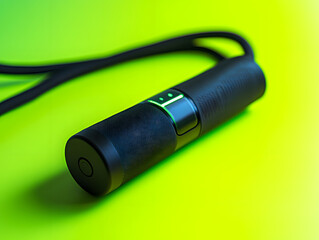 A black smart jump rope handle with illuminated green indicator lights rests on a bright yellowgreen