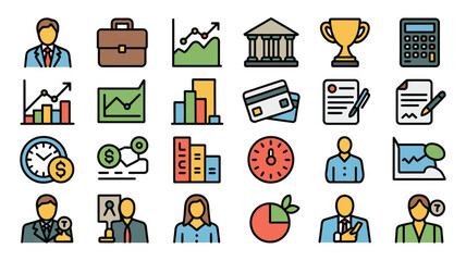 Colorful Business Icons Set Financial Growth Charts Graphs Success Awards Time Management Teamwork Strategy Planning Documents Contracts
