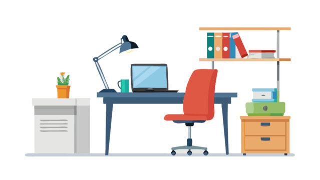 Modern home office setup with computer desk chair lamp and bookshelf for remote work and study space design