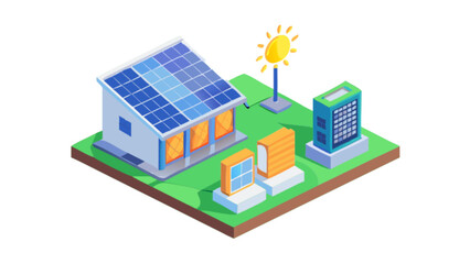 Isometric solar panel system design for home energy generation and renewable power illustration for sustainable living