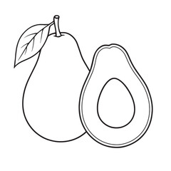 Whole and halved avocado with leaf line art fruit