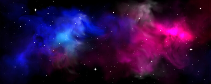Cosmic space nebula with vibrant colors - purple, pink and blue stellar clouds, glowing stars scattered across galaxy, planet atmosphere background for astronomy or universe exploration design.