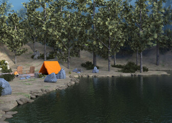 3D illustration of a peaceful forest campsite with an orange tent, two wooden chairs around a glowing campfire, surrounded by trees, rocks, logs, and bushes in a natural woodland setting.