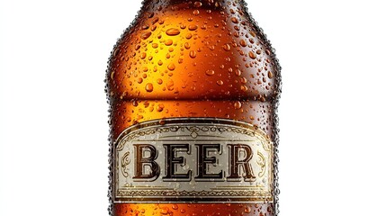 Close-up of a condensation-covered amber beer bottle with a vintage-style "BEER" label.  The bottle's curvature and water droplets are prominent