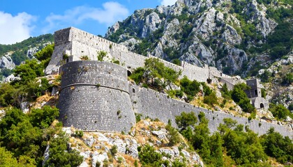 Ancient stone walls of a fortress, high in the mountains