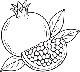 Whole pomegranate slice and leaves line art fruit seeds