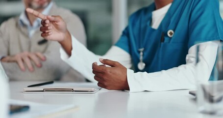 Medical team, hands and nurse with discussion in clinic for surgery planning, strategy or funding. Medicine, people or feedback with clipboard for healthcare budget, treatment options and cost update - Powered by Adobe