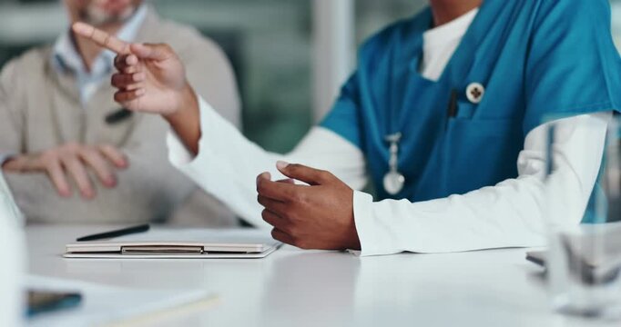 Medical team, hands and nurse with discussion in clinic for surgery planning, strategy or funding. Medicine, people or feedback with clipboard for healthcare budget, treatment options and cost update