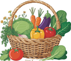 A basket of fruits and vegetables with a basket of fruit
