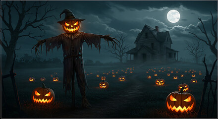 Spooky Night A Cartoon Scarecrow Guards the Pumpkin Patch Under the Moonlit Sky at Haunted House in this Halloween Landscape.