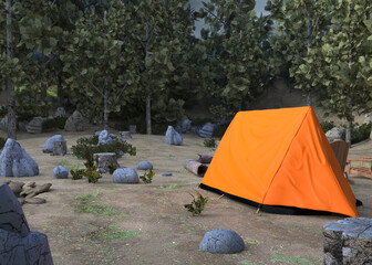 3D illustration of a peaceful forest campsite with an orange tent, two wooden chairs around a glowing campfire, surrounded by trees, rocks, logs, and bushes in a natural woodland setting.