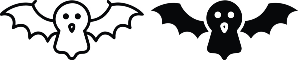 Ghost Bat Icons Vector – Black and White Flying Halloween Cartoon Silhouette
