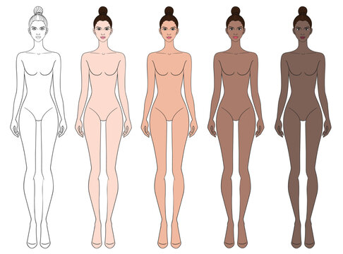 Colored skin tones fashion croquis figurines with bun hair woman in vector.
