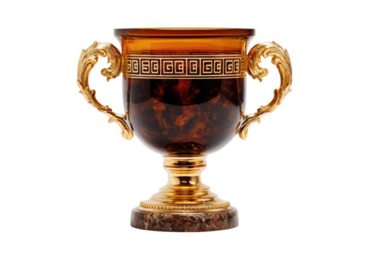 Ornate, amber-toned trophy-style vase with gold accents and a marble base