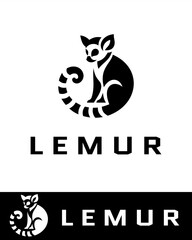 Modern minimalist logo of a stylized lemur with a curled striped tail and alert posture in black and white 