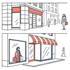 Minimalist vector illustration of urban street scenes with storefronts, commercial buildings, and pedestrians walking in a city.