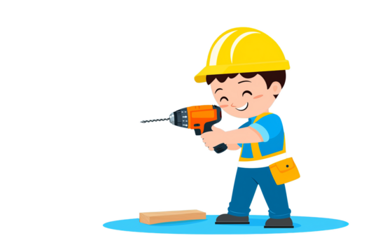Construction worker drills wood with a power tool, isolated on transparent background - Powered by Adobe