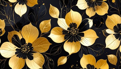Elegant floral pattern with golden flowers and black background for decorative use