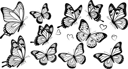 Fototapeta premium butterflies set, various black and white butterfly silhouettes, intricate wing patterns, some with heart shapes, dynamic poses, vector illustration