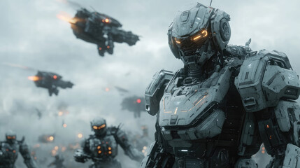 Concept of futuristic battle between transformer robots using advanced future weapons, with flying robots in the background, dynamic science fiction scene, copy space