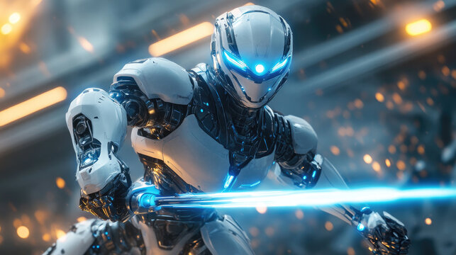 Concept of epic futuristic battle with two giant transformer robots fighting in a neon-lit city with explosions, flying debris, and dynamic action, perfect for science fiction banner with copy space