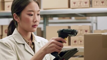 Focused worker scans a package label using a handheld scanner in a warehouse Shelves stocked with boxes fill the background Inventory management shown