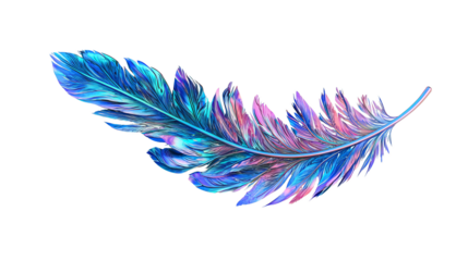 Iridescent feather with metallic gold edges, isolated on a transparent background.