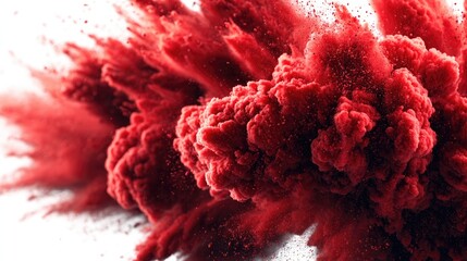 Explosive Crimson Burst: A captivating explosion of vivid red powder, forming a dynamic and abstract cloud against a soft backdrop, demonstrating the raw energy of force.