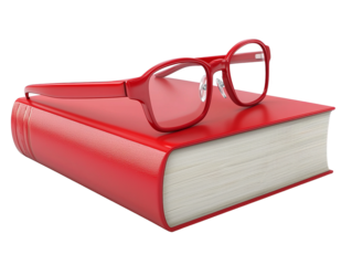 A pair of red eyeglasses is placed on top of a closed red book, isolated on a transparent background.
