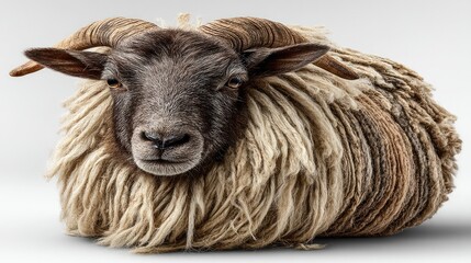 Obraz premium Regal Ram Portrait: A majestic ram, with striking horns and thick wool, gazes directly at the viewer, embodying the essence of strength and resilience.