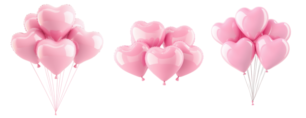 A cluster of shiny pink heart-shaped balloons floating against white transparent background, symbolizing love and celebration of Valentine Day