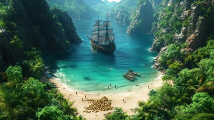 A galleon sails into a secluded tropical cove, where people relax on a sandy beach near a hidden treasure