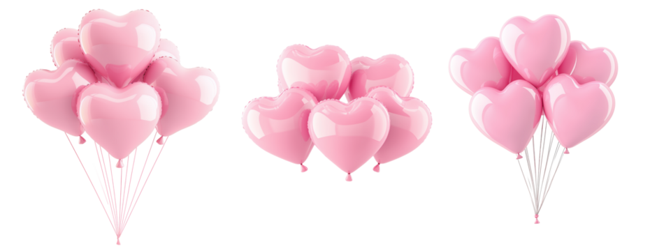 A cluster of shiny pink heart-shaped balloons floating against white transparent background, symbolizing love and celebration of Valentine Day