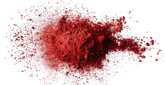 Red powder erupts, bursts in a chaotic, textured mound.  Abstract, vibrant, and scattered particles surround the central mass