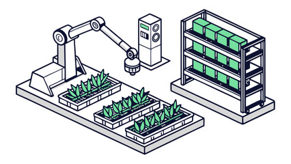 Automated Farming: Robot Cultivation of Plants in a Controlled Environment Industrial Agriculture Concept