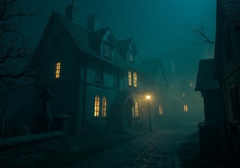 Eerie victorian house shrouded in thick fog with warm glowing windows at night