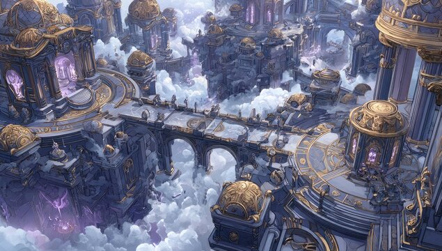 Aerial view of a grand, floating city