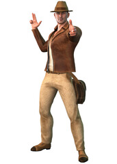 3D rendered illustration of a confident man wearing a brown leather jacket, tan pants, and a fedora hat. He has a shoulder bag, evoking the look of an adventurer or explorer.