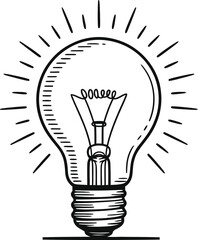 Classic incandescent light bulb illustration with radiant rays