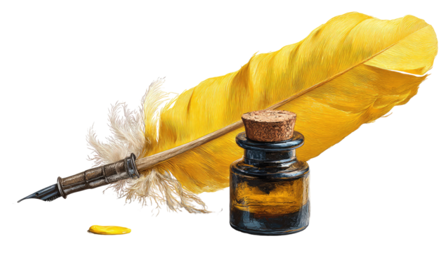 Yellow quill feather and inkwell