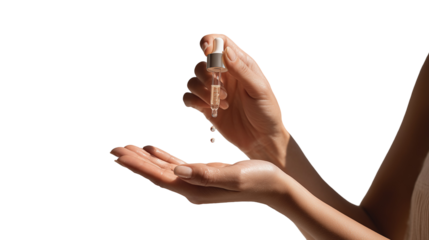 A close-up of a hand using a glass dropper to apply serum directly onto the back of the other hand. The dropper is held delicate.