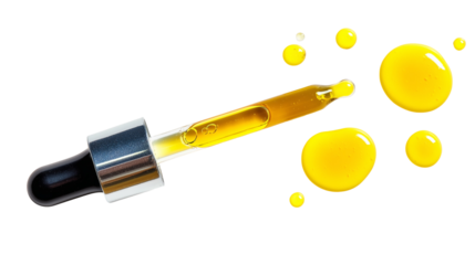 A dropper with yellow liquid, drops of the oil on a transparent background, top view, minimalist style, product photography