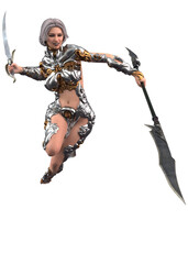 3D illustration of a fierce female warrior in elaborate silver and gold armor, wielding a fantasy sword in a dynamic battle stance. A powerful character in a fantasy setting.