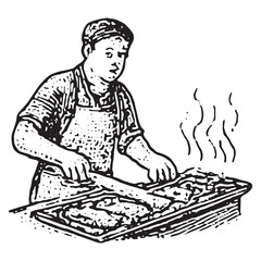 Vintage Black and White Chef Cooking in Kitchen Illustration